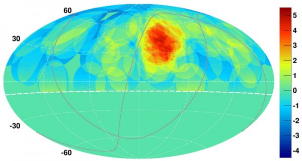 L’immagine mostra la concentrazione di raggi cosmici nell’emisfero nord. Si nota benissimo la macchia calda di cui si parla nel testo. Cosa c’è in quella zona che la rende la più energetica del nostro Universo? Fonte: K. Kawata, University of Tokyo Institute for Cosmic Ray Research.