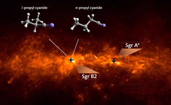 Le molecule organiche di isopropil cianuro (i-C3H7CN) e di normale propil cianuro non ramificato (n-C3H7CN) sono state troavte nella regione Sgr B2, a soli 300 anni luce dal centro della nostra galassia, chiamato Sgr A*, luogo dove si trova il gigantesco buco nero centrale. Fonte MPIfR/A. Weiß, University of Cologne/M. Koerber, MPIfR/A. Belloche. 
