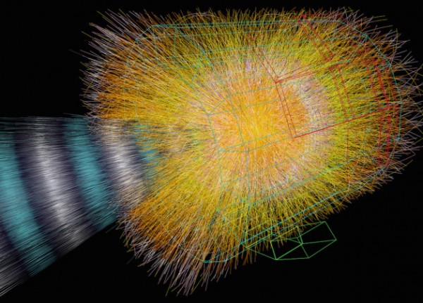 Una simulazione di uno scontro tra ioni con tanto di getto ultraenergetico. Fonte: esperimento Alice