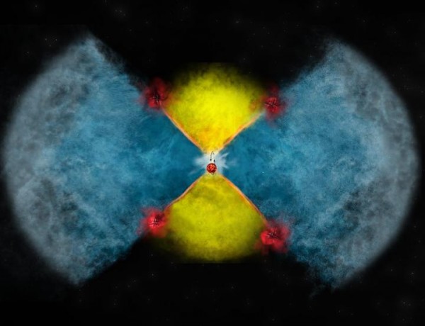 Visione artistica del gas espulso dalla nova nella fase lenta (giallo) e nella fase veloce (azzurro). Dove i getti azzurri interagiscono con la materia più lenta si creano i nodi che emettono nei raggi gamma. Fonte: Bill Saxton, NRAO/AUI/NSF