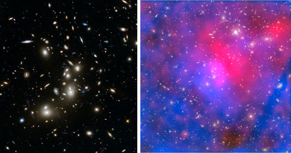 Il superammasso Abell 2744 visto fa Hubble (a sinistra) e da Chandra (a destra)