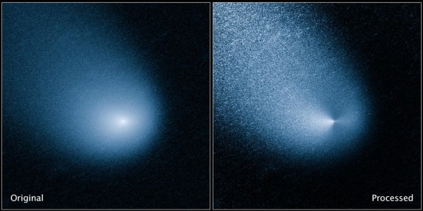 Una recente immagine della cometa ripresa da Hubble. A sinistra quella grezza e a destra quella filtrata. Essa è stata ripresa con la fantastica Wide Field Camera 3. Fonte: NASA's Hubble Space Telescope 