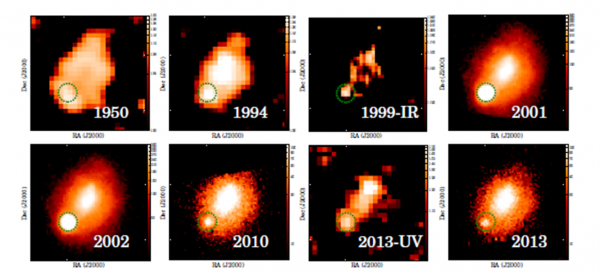 Una serie di immagini della galassia e della “ambigua” sorgente (in basso a sinistra) in diversi anni e con diversi strumenti. Fonte M. Koss et al.