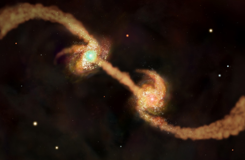 L’illustrazione mostra due galassie a spirale, ciascuna con il suo buco nero centrale, poco tempo prima della loro collisione che darà luogo a una galassia ellittica. La nuova ricerca mostra che gli aloni di materia oscura delle galassie influenza l’unione delle galassie e la crescita del buco nero centrale finale. This illustration shows two spiral galaxies. Fonte: NASA/CXC/M.Weiss