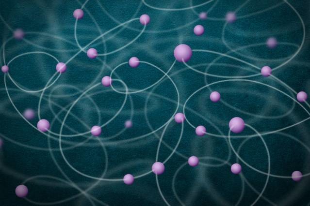 Una visione “artistica” degli atomi intrecciati, messi “in riga” da un singolo fotone.  Fonte: Christine Daniloff/MIT and Jose-Luis Olivares/MIT