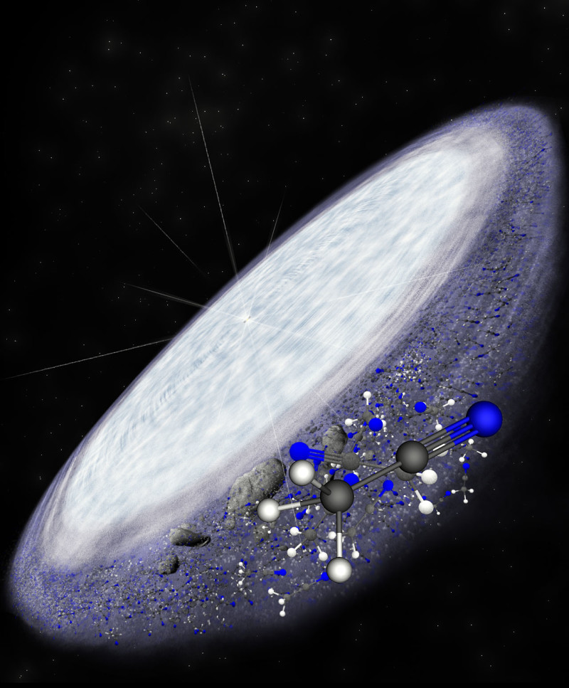 Una visione artistica del disco proto planetario della giovanissima stella MCW 480. ALMA ha stabilito la presenza di metil cianide (uno dei mattoni base della vita) nella zona esterna del disco, una regione da dove dovrebbero provenire le “sue” comete. Una chiara indicazione che la chimica organica più complessa è un fenomeno, probabilmente, universale. Fonte: B. Saxton (NRAO/AUI/NSF)