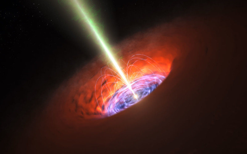 Visione artistica della regione più prossima a un buco nero galattico. Attorno al buco nero vi è il ben noto disco di accrescimento e più lontano uno spesso anello di polvere. Il campo magnetico registrato da ALMA serve come “cannone” per accelerare e sparare in direzioni polari il plasma caldissimo che è ormai vicinissimo all’orizzonte degli eventi. Fonte: ESO/L. Calçada