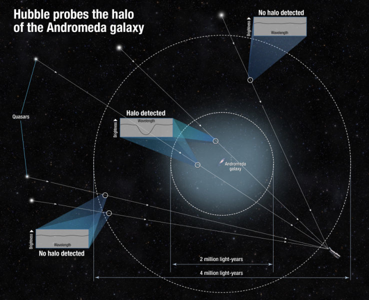 Un semplice diagramma mostra come si è riusciti a misurare le dimensioni e la struttura dell’alone di Andromeda. Se i quasar sono prospetticamente dietro l’alone mostrano variazioni luminose, altrimenti no. Studiando l’indebolimento della luce dei quasar in uno stretto intervallo di lunghezza d’onda si può anche capire la densità del gas dell’alone. Fonte: NASA, ESA, e A. Feild (STScI)