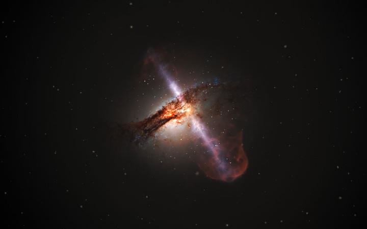 Una rappresentazione artistica di getti relativistici prodotti nei pressi di un buco nero galattico. Forse l’energia necessaria proviene dalla rotazione dello spazio causato dalla rotazione del buco nero ottenuto dalla fusione di due buchi neri galattici durante la collisione di galassie. Questi getti sono ben visibili nelle onde radio. ALMA aiutaci tu a saperne di più! Fonte: ESA/Hubble, L. Calçada (ESO)