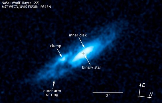 L’immagine di Nasty 1 presa da Hubble nel visibile. Si nota il luminoso disco di gas e polvere che circonda la WR. Nel disco si notano zone più dense probabilmente causate da espulsione di gas sporadiche e non continue. Un “grumo” particolarmente denso è segnato con una freccia. La presenza di un disco così esteso è un caso unico nella nostra galassia e dipende probabilmente dalla durata estremamente corta di questa fase evolutiva. Fonte: NASA, ESA, and J. Mauerhan (University of California, Berkeley)