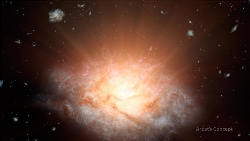 Un’immagine artistica di WISE J224607.57-052635.0, la galassia più luminosa del cielo, capace di risplendere nell’infrarosso come 300 trilioni di stelle come il Sole. Fonte: NASA/JPL-Caltech