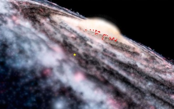 Il telescopio VISTA all’osservatorio dell’ESO a Paranal ha scoperto una nuova com ponente della Via Lattea. Un disco di giovani stelle cefeidi nascoste finora dale nuovole di polvere che circondano il bulge galattico. L’illustrazione mostra la posizione delle 35 candele cosmiche (punti rossi), che formano un sottile disco la cui origine è ancora da scoprire. La stella gialla indica la posizione del Sole. Fonte:ESO/Microsoft Worldwide Telescope.