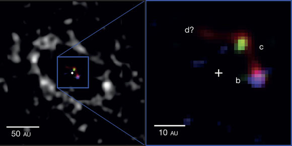 A sinistra il giovane sistema planetario della stella LkCa 15. A destra uno zoom, dove si identificano molto bene i pianeti 15b, 15c e 15 d (un po’ meno…). Il primo di questi mostra la fase di rapido accrescimento di idrogeno. Fonte: Stephanie Sallum et al.