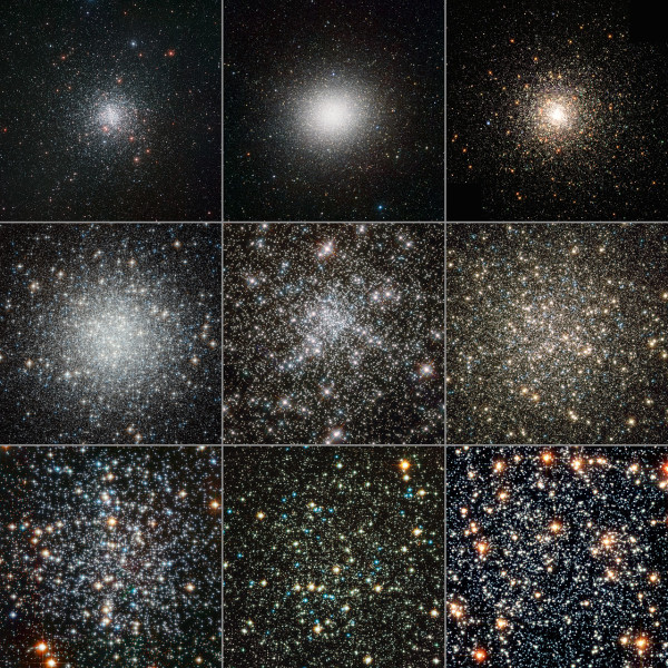 Alcuni ammassi studiati per vedere la distribuzione delle vagabonde blu. In alto: M 4 (ESO), Omega Cen (ESO), M 80 (Hubble); in mezzo: M 53 (Hubble), NGC 6752 (Hubble), M 13 (Hubble); in basso: M 4 (Hubble), NGC 288 (Hubble), 47 Tuc (Hubble) Fonte: M 4: ESO. Omega Cen: ESO/INAF-VST/OmegaCAM.; M 80: The Hubble Heritage Team(AURA/STScI/NASA/ESA); M 53: ESA/Hubble & NASA; NGC 6752:ESA/Hubble & NASA; M 13: NASA, ESA, e the Hubble Heritage Team (STScI/AURA); M 4: ESA/Hubble & NASA; NGC 288: ESA/Hubble & NASA; 47 Tuc:NASA, ESA, e G. Meylan (École Polytechnique Federale de Lausanne). 