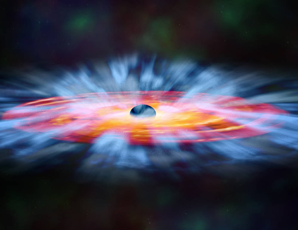 Non tutto il gas viene ingoiato dal buco nero. Una parte di esso, riscaldato ad altissima temperatura, viene sparato verso l’esterno a grande velocità. Un vento che può raggiungere i 20000 km/s. Fonte: NASA, and M. Weiss (Chandra X -ray Center).