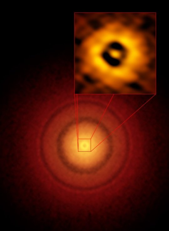 ALMA ha scoperto un “gap” nel disco proto planetario della stella di tipo solare TW Hydrae, proprio nella posizione della Terra rispetto al Sole. Probabilmente lì dentro è nato un pianeta come il nostro che ha pulito adeguatamente la sua orbita. Più lontani, si vedono altri due cerchi scuri, luoghi possibili di formazione di altri due pianeti. Fonte: S. Andrews (Harvard-Smithsonian CfA), ALMA (ESO/NAOJ/NRAO).
