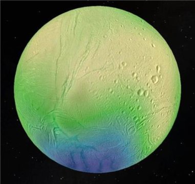 Un’immagine che mostra lo spessore della crosta ghiacciata di Encelado. Essa raggiunge i 35 km nella zona craterizzata equatoriale (giallo), ma diminuisce fino a 5 km nella zona del polo sud (blu). Fonte: LPG-CNRS-U. Nantes/U. Charles, Prague