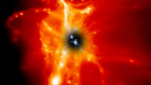 Una galassia simile alla nostra è mostrata al centro dell’immagine, circondata dal mezzo intergalattico. Esso appare nero ai nostri occhi, ma in realtà contiene gas caldissimo, che viene mostrato di color rosso, arancio e bianco. L’immagine è, ovviamente, una rappresentazione artistica confermata dalle osservazioni di Hubble nell’ultravioletto. Fonte: Adrien Thob, LJMU