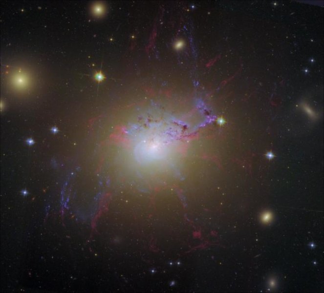 Il buco nero della galassia NGC 1275, al centro dell’ammasso del Perseo, si accresce ingoiando materiale che cade verso di lei (i filamenti che si vedono superano i 20 000 anni luce). Nella lunghezza d’onda dei raggi X, la super galassia inonda l’ammasso di un alone di plasma caldissimo. Fonte: Hubble Legacy Archive, ESA, NASA/Al Kelly