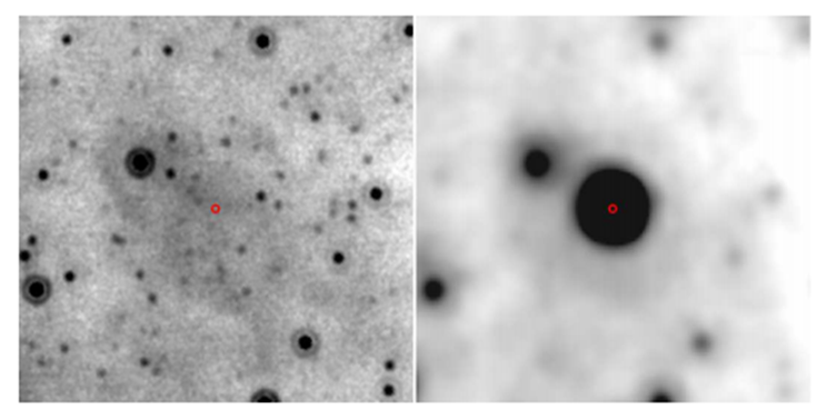 Un’immagine che mostra uno degli outburst del neonato turbolento (il punto rosso è la posizione individuata nell’X). Fonte: C. T. Britt, MNRAS, 2016