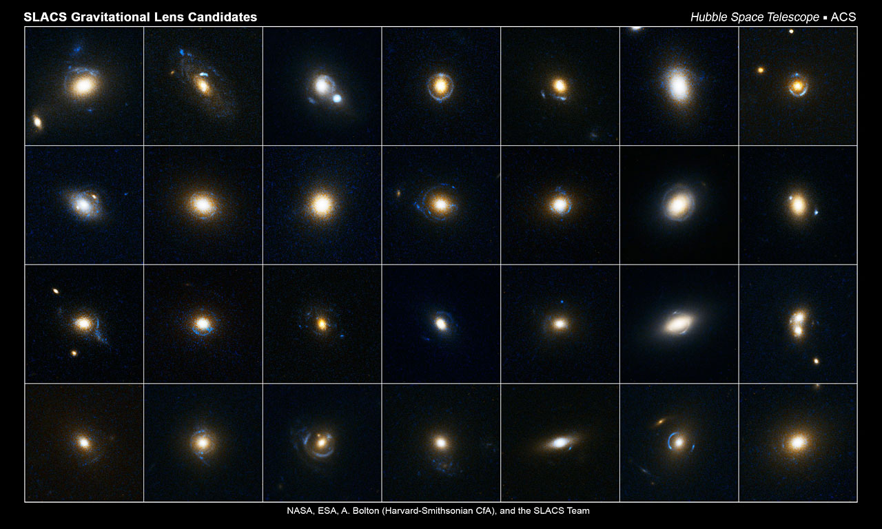 This collection of images shows 28 gravitational lens candidates. Astronomers studied these photos, which were taken by the Hubble Space Telescope's Advanced Camera for Surveys, and identified which of the candidates were gravitational lenses. These candidates were selected from the Sloan Digital Sky Survey. Gravitational lensing occurs when the gravitational field from a massive object warps space and deflects light from a distant object behind it. The reddish-white objects in the center of each image are massive galaxies. The blue arc-like patterns around many of the galaxies are the smeared light from distant galaxies that are behind the massive galaxies.