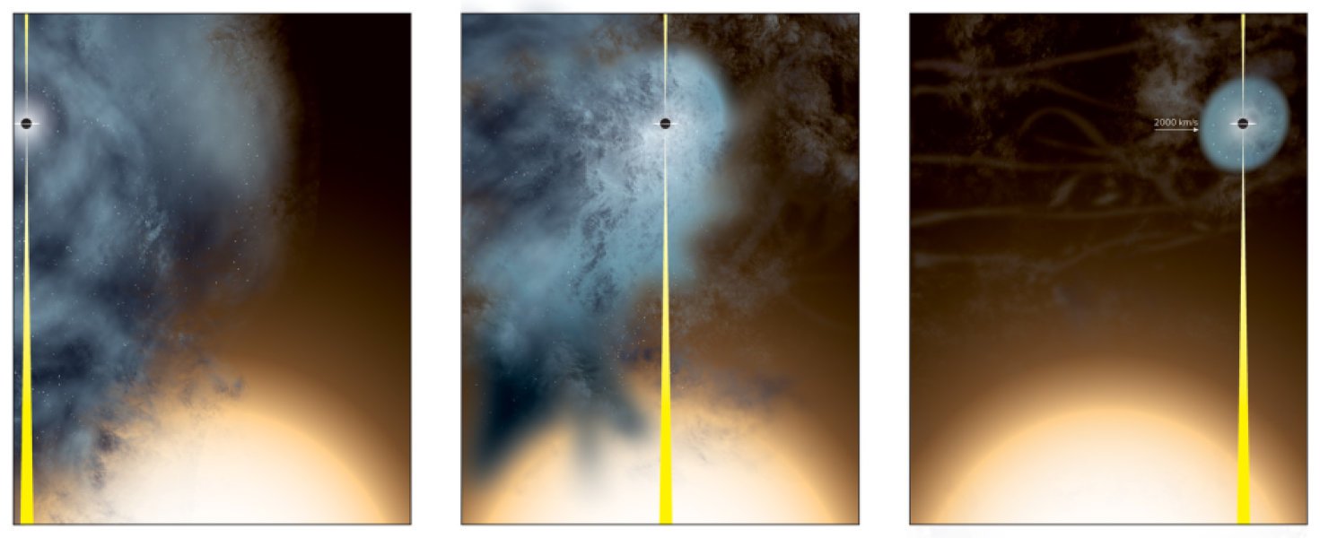 Rappresentazione artistica della perdita del regno galattico di un buco nero supermassiccio che continua la sua esistenza con un esilio solitario. Fonte: Bill Saxton, NRAO/AUI/NSF