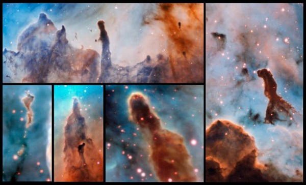 I pilstri della creazione della nebulosa Carena sono in fase di sfaldamento a causa della intensa luce delle stelle che hanno fatto nascere. Una distruzione solo apparente, dato che si creano nuovi addensamenti capaci di creare nuove stelle. Fonte: ESO/A. McLeod