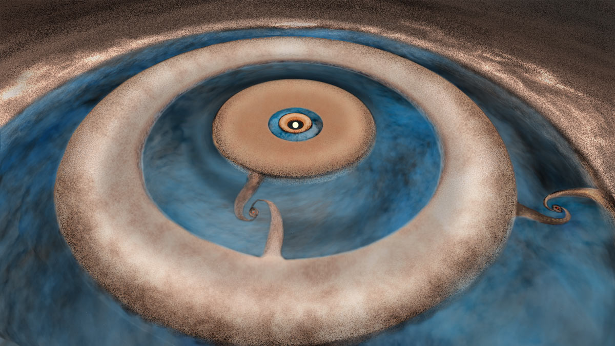 Uno schema “artistico” del disco proto planetario della stella HD 163296. Nelle due “lacune” esterne la polvere e il gas stanno probabilmente costruendo due pianeti. Fonte: B. Saxton, NRAO/AUI/NSF