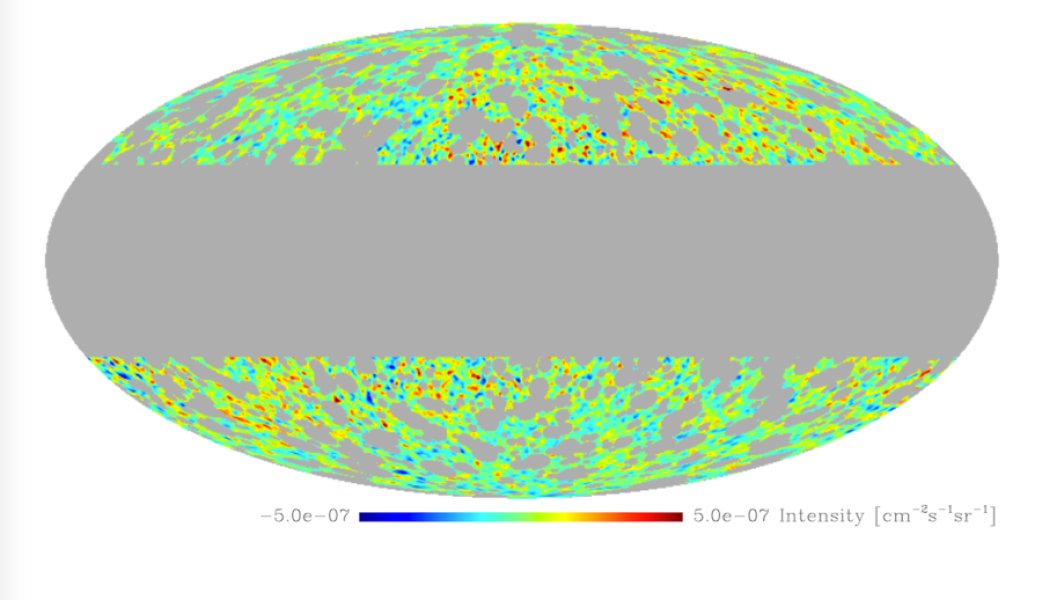 La mappa del rumore di fondo gamma ottenuta con 81 mesi di lavoro di Fermi. La parte relativa alla nostra galassia è stata mascherata. Tra tutti questi segnali e fluttuazioni non vi è assolutamente niente che possa ricondurre ai modelli costruiti sulla materia oscura. Fonte: Mattia Fornasa, UvA/Grappa 