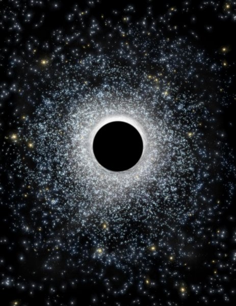 Una visione artistica dell’ammasso globulare 47 Tucanae, in cui è stato inserito un buco nero di massa intermedia (2200 masse solari). Le perturbazioni viste sullle orbite stellari e sulla concentrazione delle pulsar ne confermano la presenza. Fontet: CfA / M. Weiss