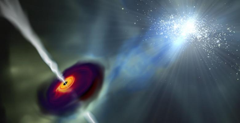 Il buco nero a sinistra è costretto a crescere in modo abnorme a causa delle radiazioni caldissime della galassia vicina, che interrompono la formazione stellare nella galassia che ospita il buco nero. Fonte: John Wise, Georgia Tech