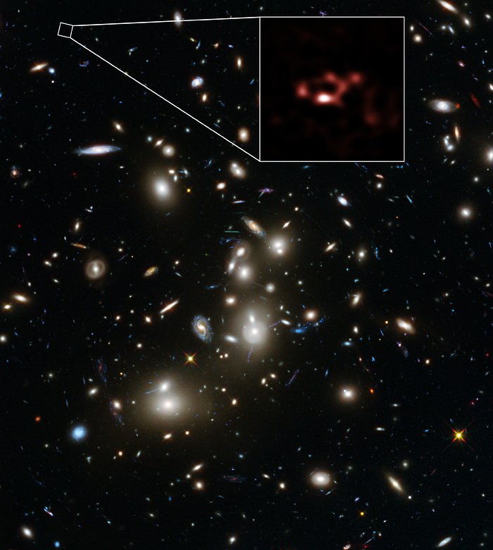L’immagine è dominate dalla spettacolare vista dell’ammasso galattico Abell 2744 ed è stata ripresa da Hubble. Molto più lontana dell’ammasso, fa capolino la nostra galassia polverosa, evidenziata nel quadratino che rappresenta ciò che ha visto ALMA. Fonte:ALMA (ESO/NAOJ/NRAO), NASA, ESA, ESO and D. Coe (STScI)/J. Merten (Heidelberg/Bologna)