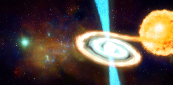 Una pulsar prolunga la sua vita succhiando materiale dalla compagna. Nello sfondo l’immagine del centro galattico ripreso da Chandra nei raggi X. Fonte: NASA/CXC/University of Massachusetts/D. Wang et al.; Greg Stewart/SLAC National Accelerator Laboratory.