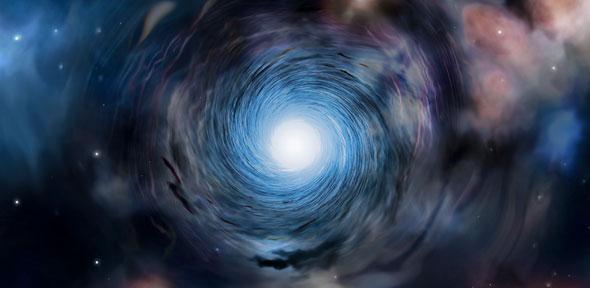 Una visione artistica di una delle galassie osservate da ALMA, mentre ruotano spiraleggiando in modo quasi perfetto, ancora immersa nella nebbia del periodo oscuro. Fonte: Amanda Smith, University of Cambridge