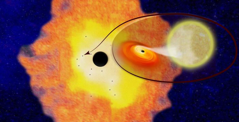 Visione artistica dei 12 buchi neri (accoppiati con piccolo stelle) che sono stati scoperti attorno al buco nero galattico al centro della Via Lattea. La loro esistenza suggerisce che possano esisterne almeno 10000 in una zona di tre anni luce attorno al “mostro”più grande. Fonte: Columbia University.