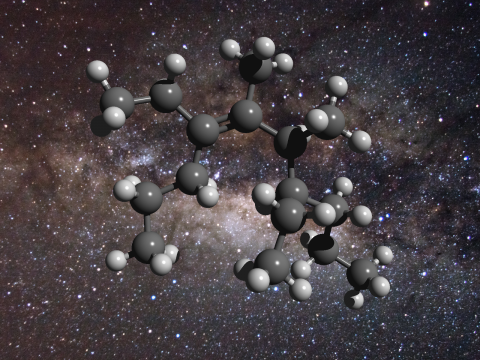 La struttura di una molecola di carbonio “grasso”, dove le sfere grigie sono gli atomi di carbonio e quelle bianchi gli atomi di idrogeno.. Fonte: D. Young. The Galactic Center. Flickr – CreativeCommonsUn