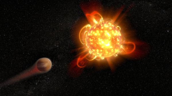 Una nana rossa durante il suo lavoro di pulizia preliminare. E, intanto, l'atmosfera del pianeta se ne va... Fonte: NASA, ESA and D. Player (STScI)