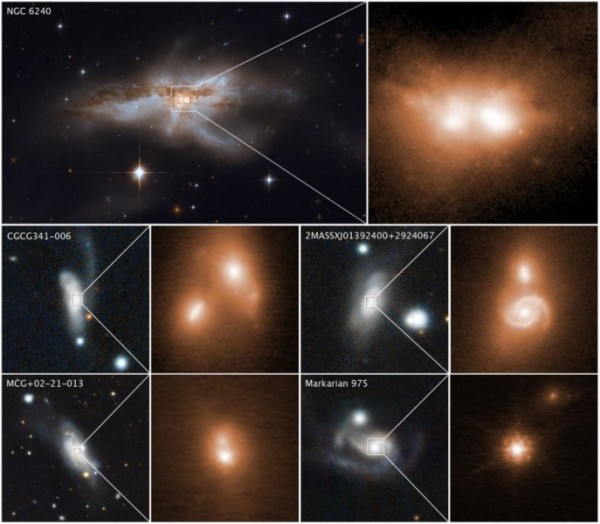 Alcuni esempi di coppie di buchi neri galattici prossimi alla fusione. L'immagine in alto a sinistra è stata ripresa da Hubble e mostra l'unione di due galassie (NGC 6240). Un caso in cui i due buchi neri sono molto evidenti anche solo zoomando. Gli altri quattro casi mostrano le immagini infrarosse del Keck (sulla destra) e quelle delle galassie in collisione prese da Pan-STARRS (a sinistra). Gli esempi della figura si riferiscono a buchi neri che dovrebbero essere adistanze dell'ordine di 3000 anni luce, un niente, tale da far prevedere la fusione entro 10 milioni di anni. Le galassie scelte si trovano nella zona che dista da noi intorni ai 300 milioni di anni luce. Fonte: NASA, ESA, e M. Koss (Eureka Scientific, Inc.); immagini Keck : W. M. Keck Observatory e M. Koss (Eureka Scientific, Inc.); immagini Pan-STARRS : Panoramic Survey Telescope and Rapid Response System e M. Koss (Eureka Scientific, Inc.)