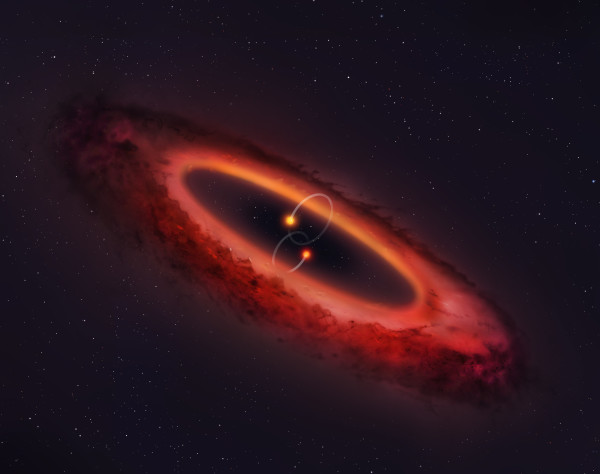 Figura 1. Un modello he illustra in sistema stellare doppio con il disco protoplanetario ortogonale al piano orbitale delle due stelle. Fonte: 