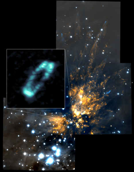 La stupefacente immagine di ALMA che riprende un perfetto disco di sale attorno a una giovane e massiccia stella di Orione. Lo sfondo è ripreso, nel vicino infrarosso, dal telescopio Gemini. Fonte: ALMA (NRAO/ESO/NAOJ); NRAO/AUI/NSF; Gemini Observatory/AURA