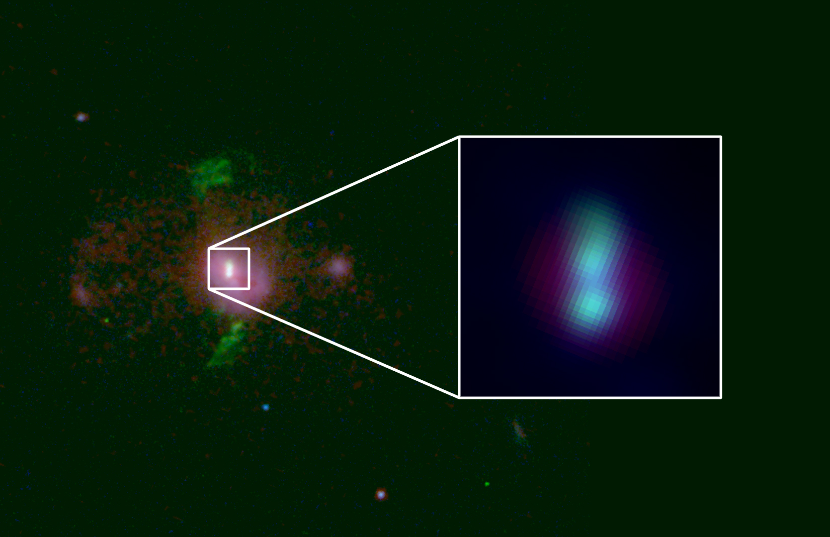 La galassia in questione e uno zoom sui nuclei contenenti i due buchi neri super massicci. Fonte: Simons Foundation