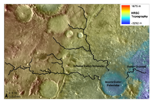 Fig. 6 Il sistema idrico di Jezero: a sinistra i 2 immissari che hanno alimentato il paleolago e a destra l’emissario (da Schon S., Head J., Fassett C., 2012. Planetary and Space Science)4