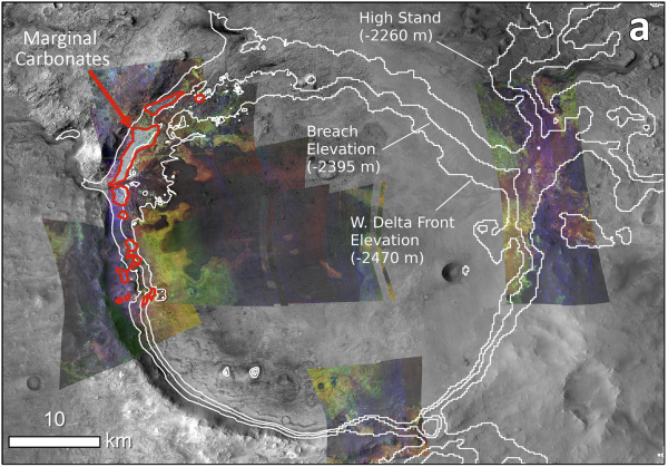 Fig. 7 Distribuzione dei Carbonati Marginali in Jezero (aree delimitate in rosso). Da Horgan B., Anderson R., Dromart G., 2020. Icarus)5 