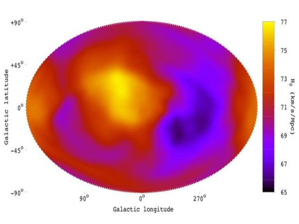 Le zone azzurre sembrano espandersi meno rapidamente di quanto aspettato. Quelle gialle più rapidamente. Nel caso di un'espansione isotropa si dovrebbe vedere tutto rosso. Fonte: Konstantinos Nikolaos Migkas, University of Bonn / Astronomy & Astrophysics